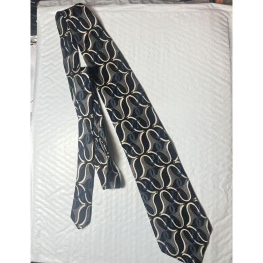Facets Tie Geometric Zigzag Spirals Blue, Gray, Wht Silk Necktie Men Tie 59”x 4”